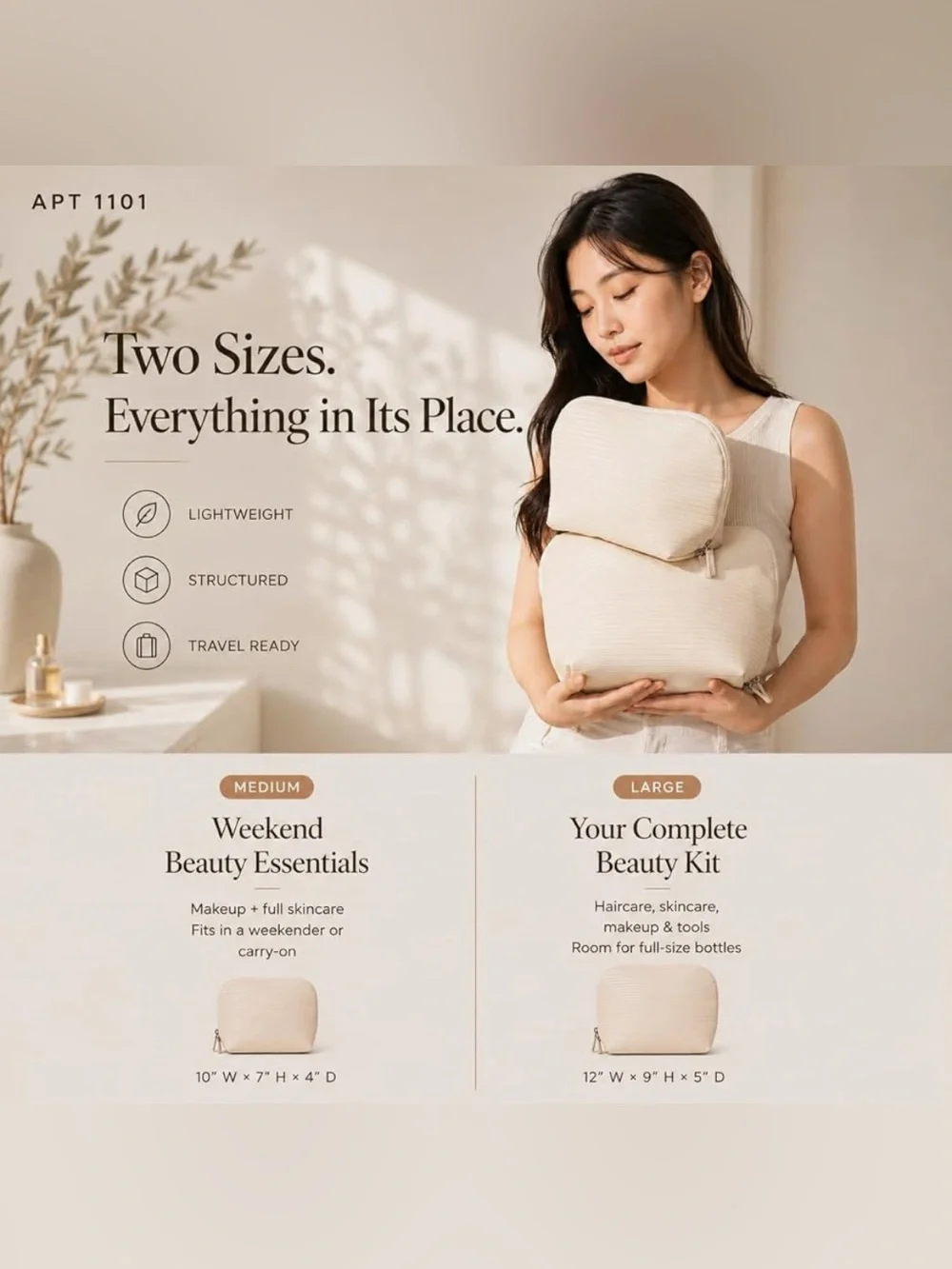 Standing Foldable Cosmetic Makeup Tioletry Travel Bag Set in Cream - Brand New!